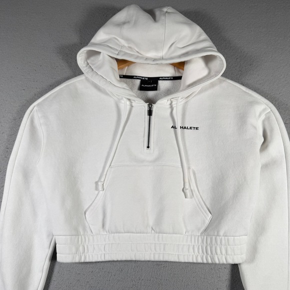 Alphalete Tops - Alphalete White Cropped Quarter Zip Hoodie Sweatshirt Athletic Small Comfort Gym